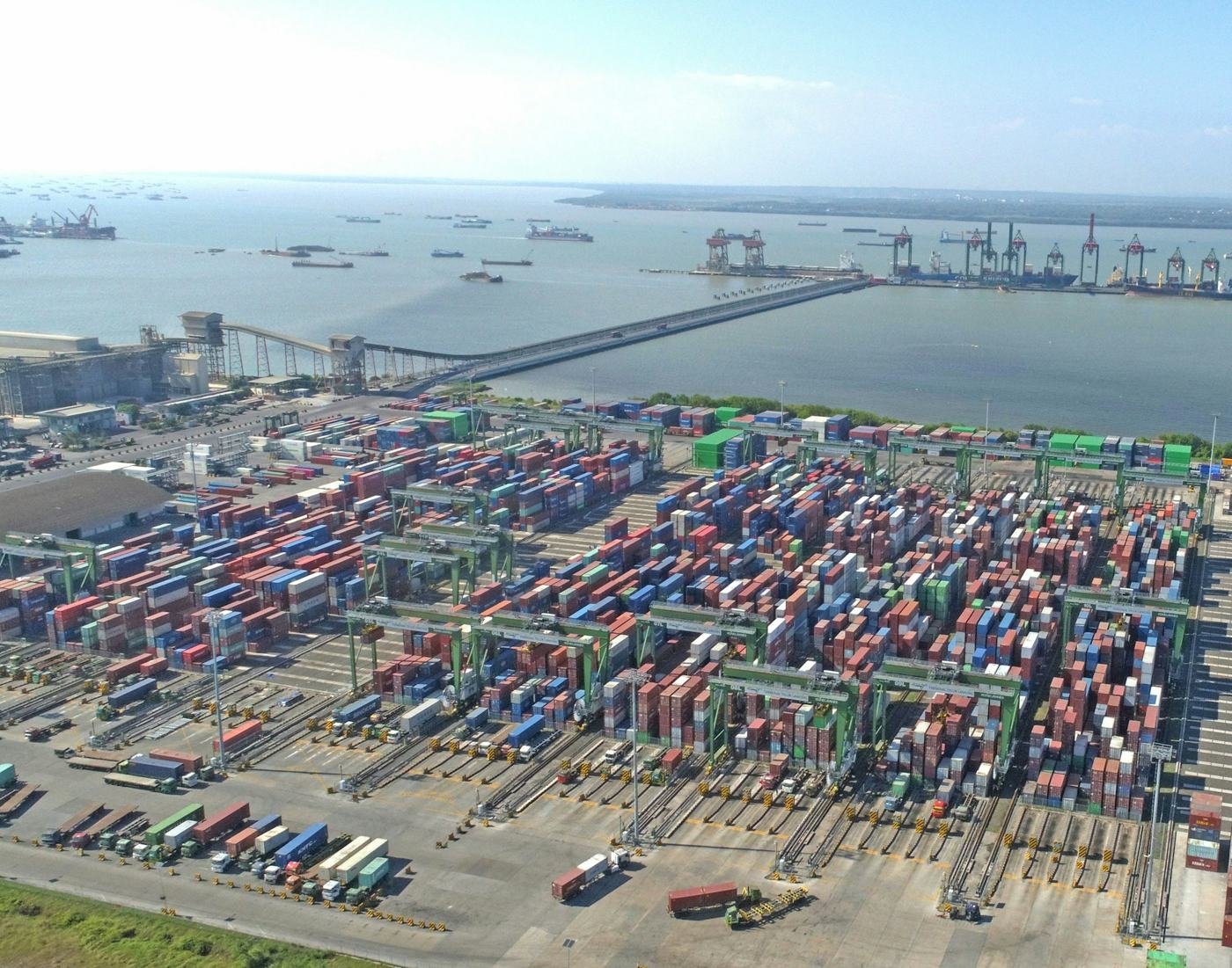 Aerial view of shipping containers at a busy port